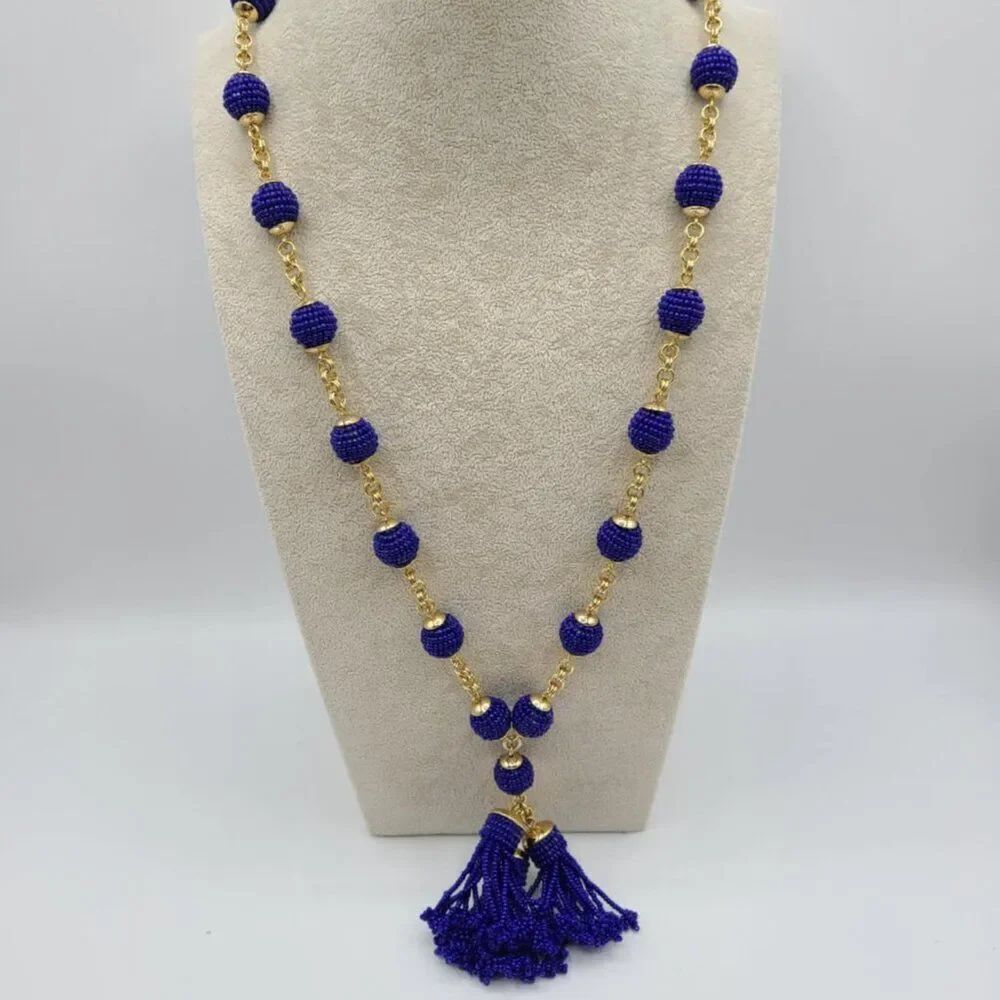 J Crew Chunky Blue Bead Station Necklace with Tassels NWOJ CREWT!  NEW!